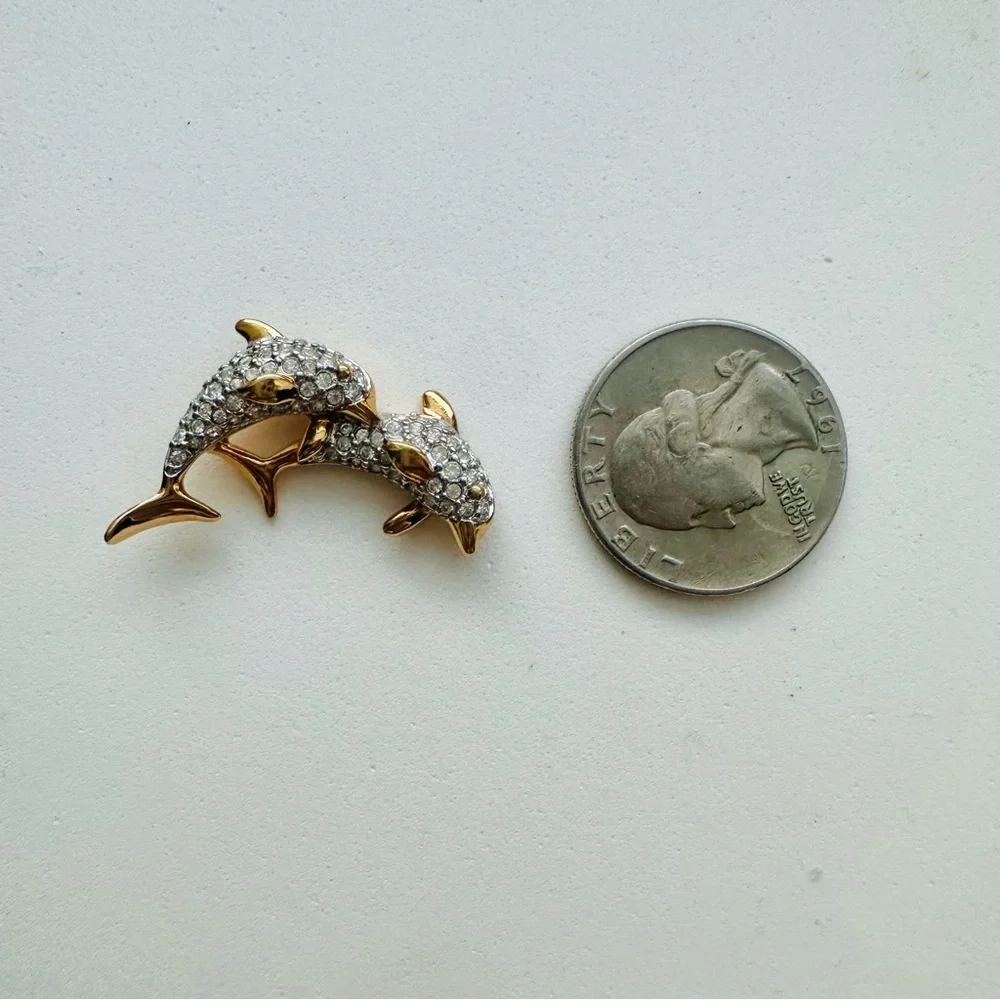 Swarovski Crystal Pave Swimming Gold & Silver Dolphins Gold-tone 1” Pin Brooch - Picture 4 of 7
